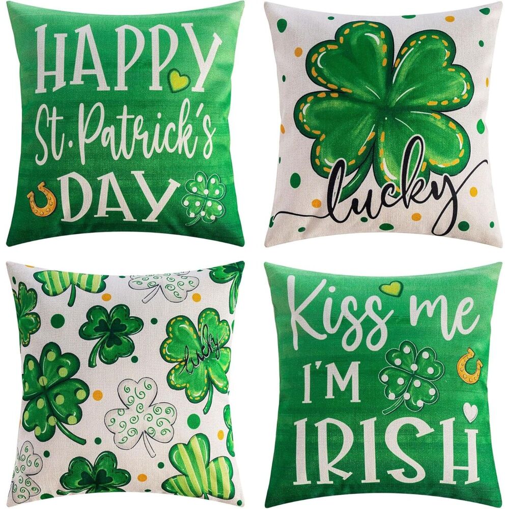 St. Patrick's Day Pillow Covers 18 x 18 inches 4Pc Set Green Lucky Clover